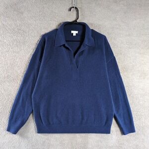 Garnet Hill Womens Navy Blue Cashmere Polo Sweater Size M Long Sleeve